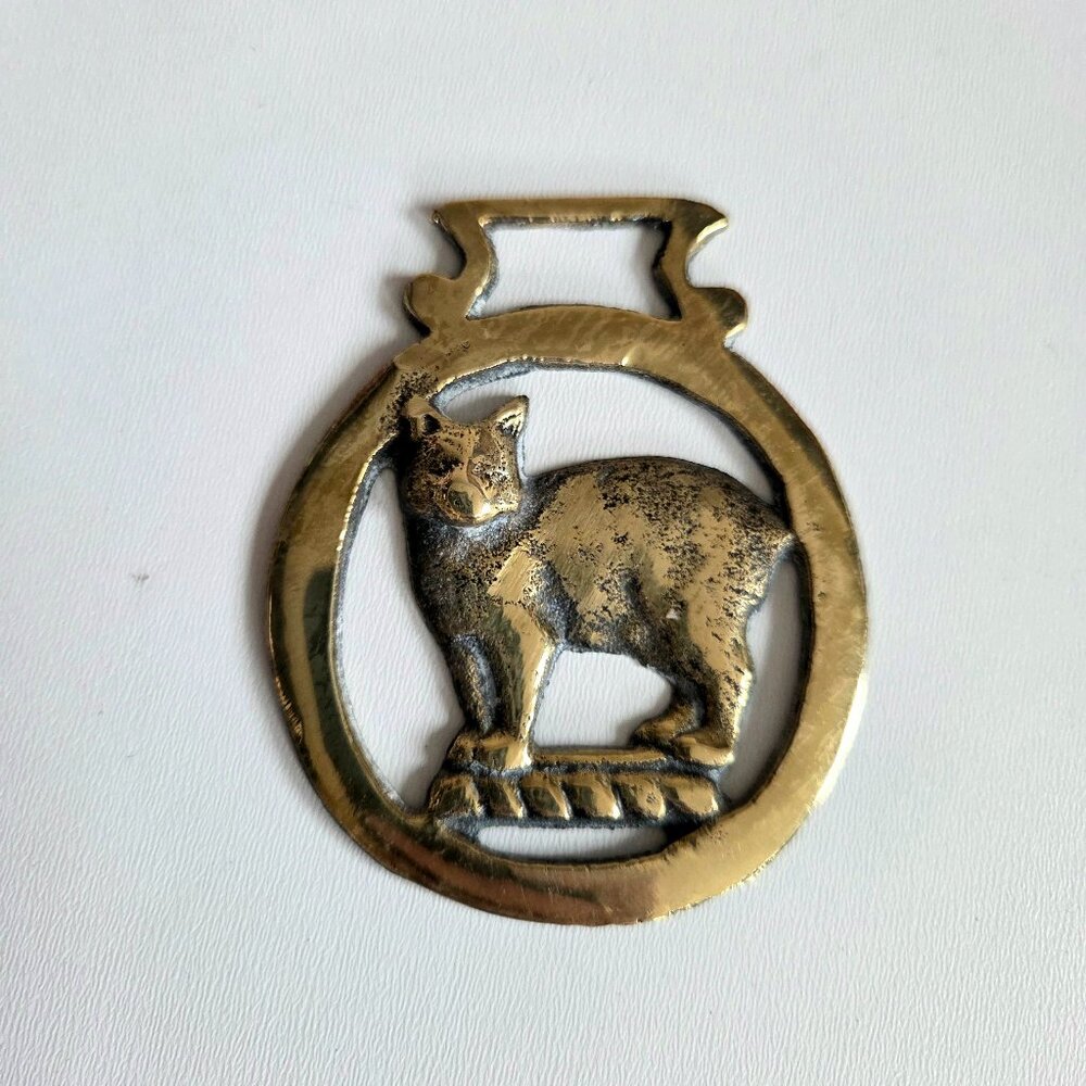 Vintage solid brass Horse brass medallion with Manx cat image. Horse brass.